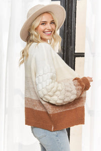 COLORBLOCK BUBBLE-SLEEVE CARDIGAN: BROWN MULTI