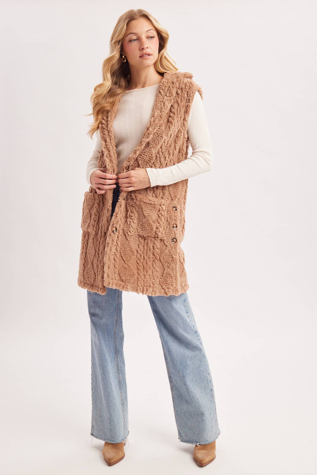 BOUCLE CABLE KNIT SWEATER HOODED VEST