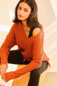 Autumn Frayed Sweater in rust  1X- 3XL * on sale