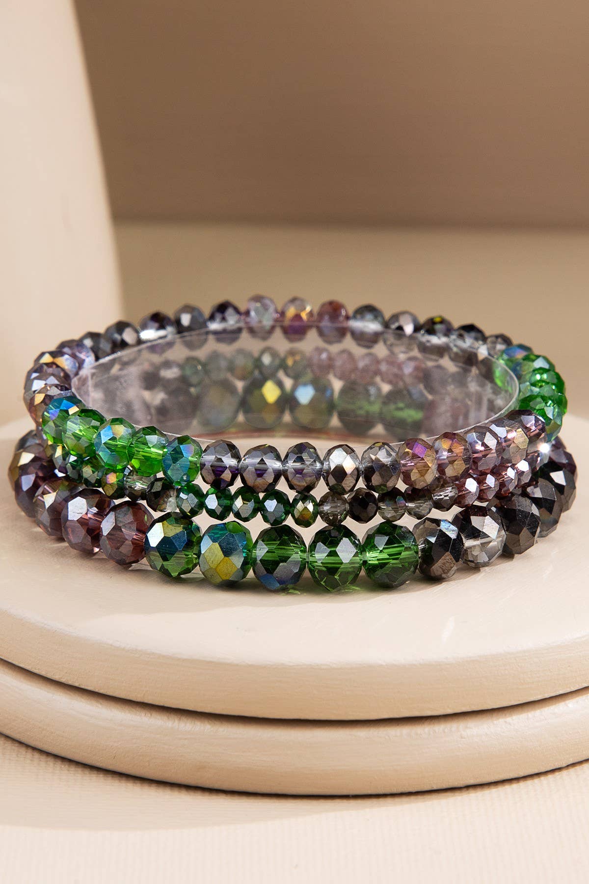 3 Strand Glass Bead Bracelet Set: SMOKY FOREST MIX