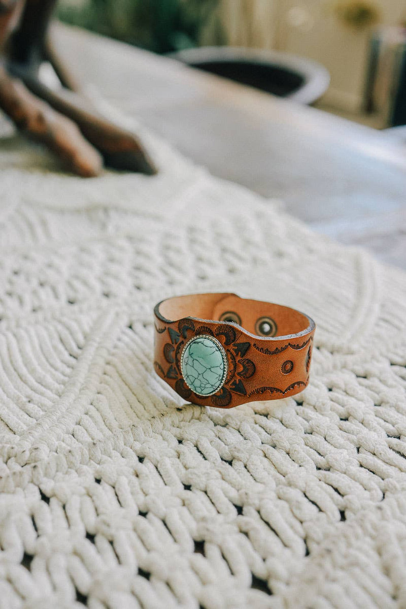 Boho Turquoise Stone Camel Leather Cuff Bracelet *