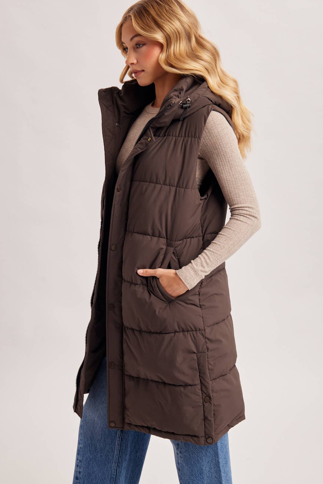DETACHABLE HOOD ZIPPER LONGLINE QUILTED PUFFER VEST JACKET : ASH BROWN