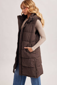 DETACHABLE HOOD ZIPPER LONGLINE QUILTED PUFFER VEST JACKET : ASH BROWN