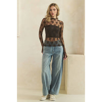 Lace Long Sleeve See Through Top: Brown