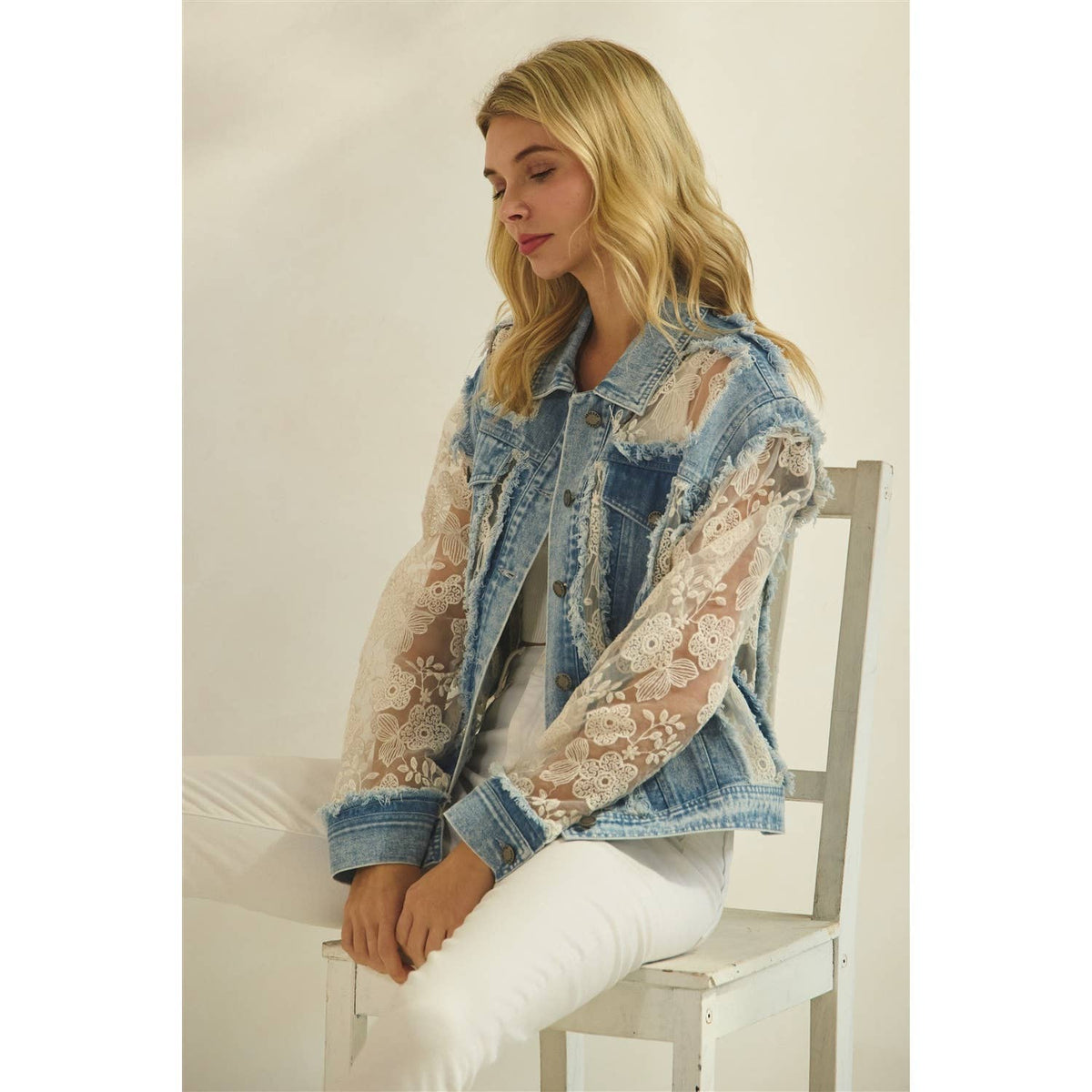Denim Jacket with Floral Organza Inset: Med Wash