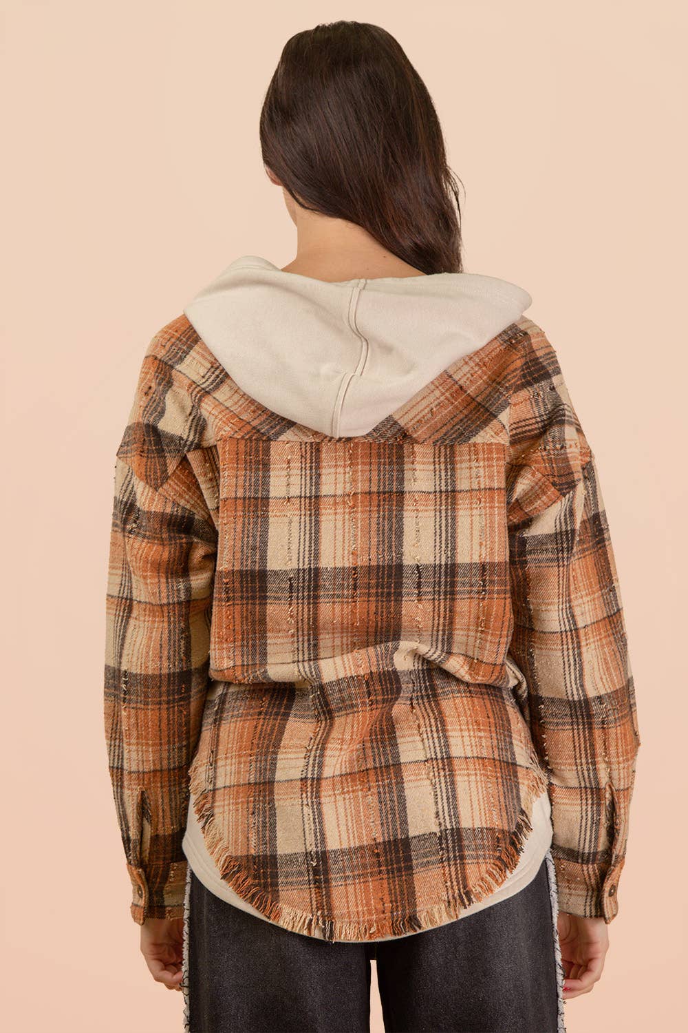 Oversized Flannel Hooded Button Down Jacket: CARAMEL MIX