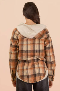 Oversized Flannel Hooded Button Down Jacket: CARAMEL MIX