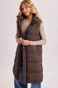 DETACHABLE HOOD ZIPPER LONGLINE QUILTED PUFFER VEST JACKET : ASH BROWN