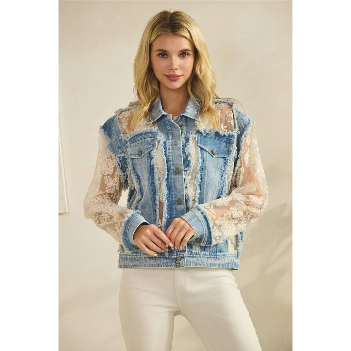 Denim Jacket with Floral Organza Inset: Med Wash