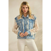 Denim Jacket with Floral Organza Inset: Med Wash