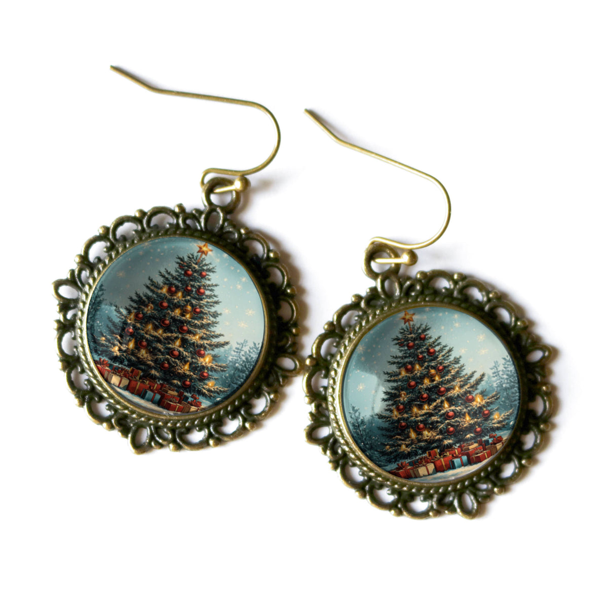 Victorian Christmas Tree Earrings in Filigree Settings