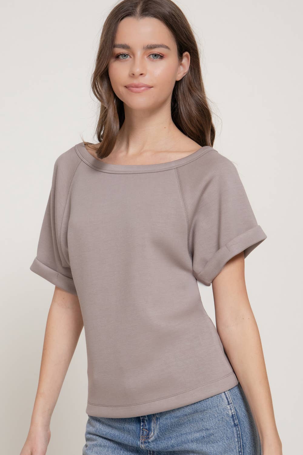 Elbow Sleeve Off The Shoulder Soft Modal Scuba  Blouse : taupe