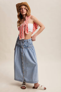 Braided Waist Denim Maxi Skirt: Cloud Wash