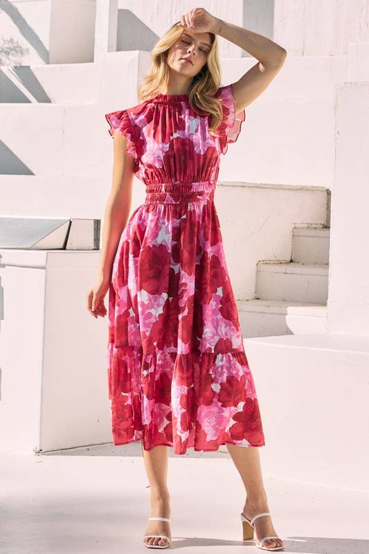 Floral Printed Midi Dress - Ruffle Cap Sleeves: Pink Multi