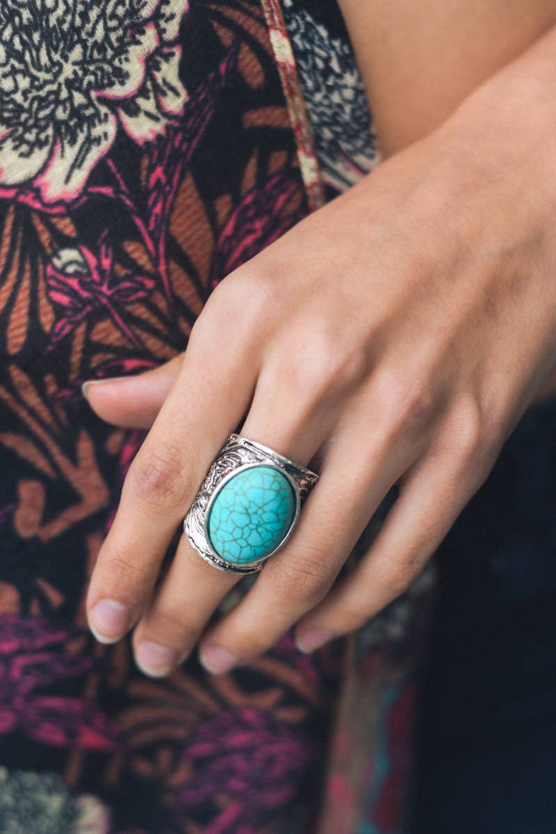 Round Turquoise Stone Floral Engraved Silver Ring * on sale