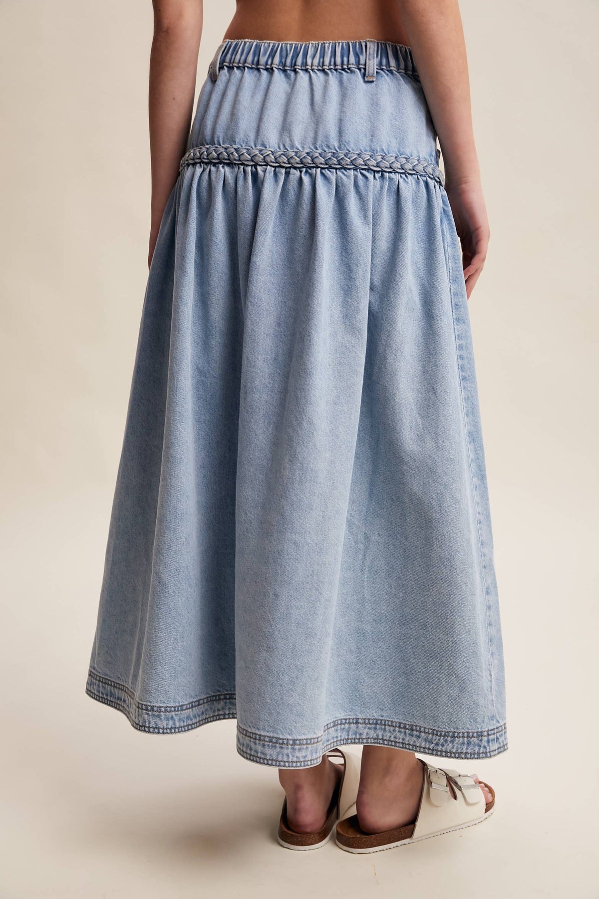 Braided Waist Denim Maxi Skirt: Cloud Wash