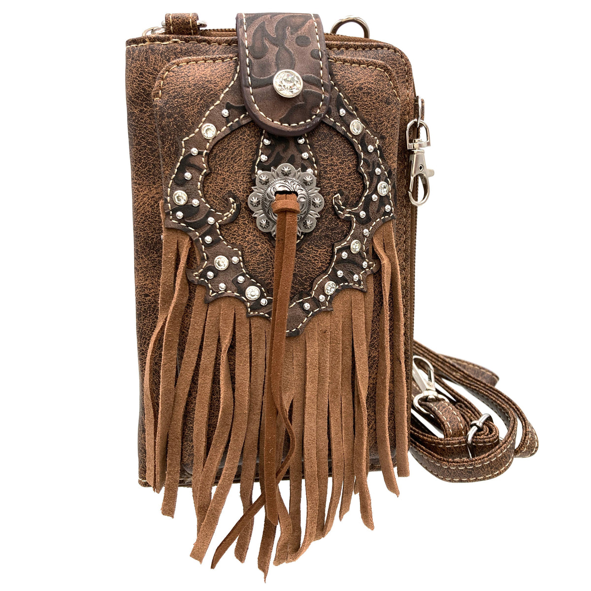 Western Fringe Women's Crossbody Phone Wallet Purse : Brown