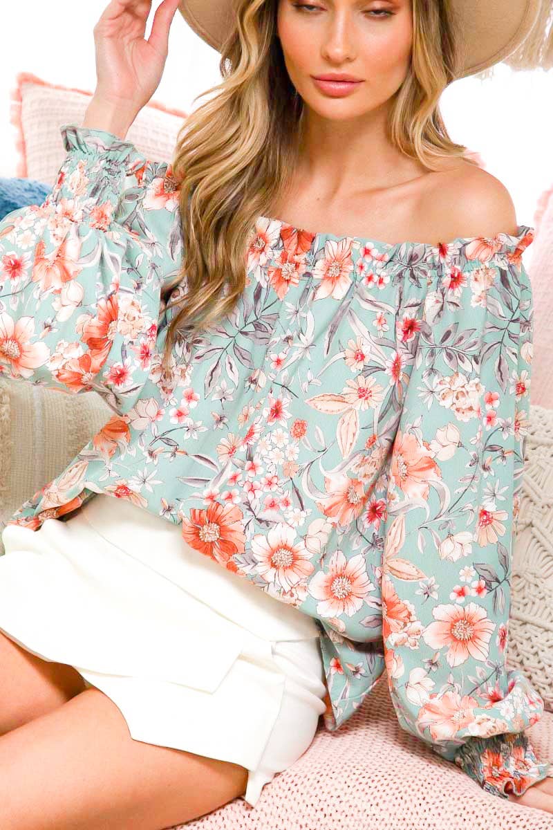 Off The Shoulder Floral Stripe Printed Woven Blouse : Mint