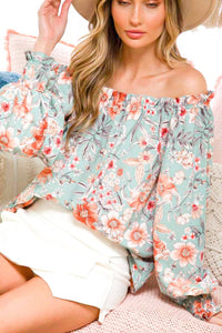 Off The Shoulder Floral Stripe Printed Woven Blouse : Mint