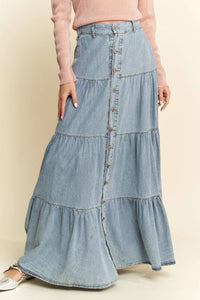 DENIM BUTTON FRONT RUFFLE HEM DENIM MAXI SKIRT: Denim