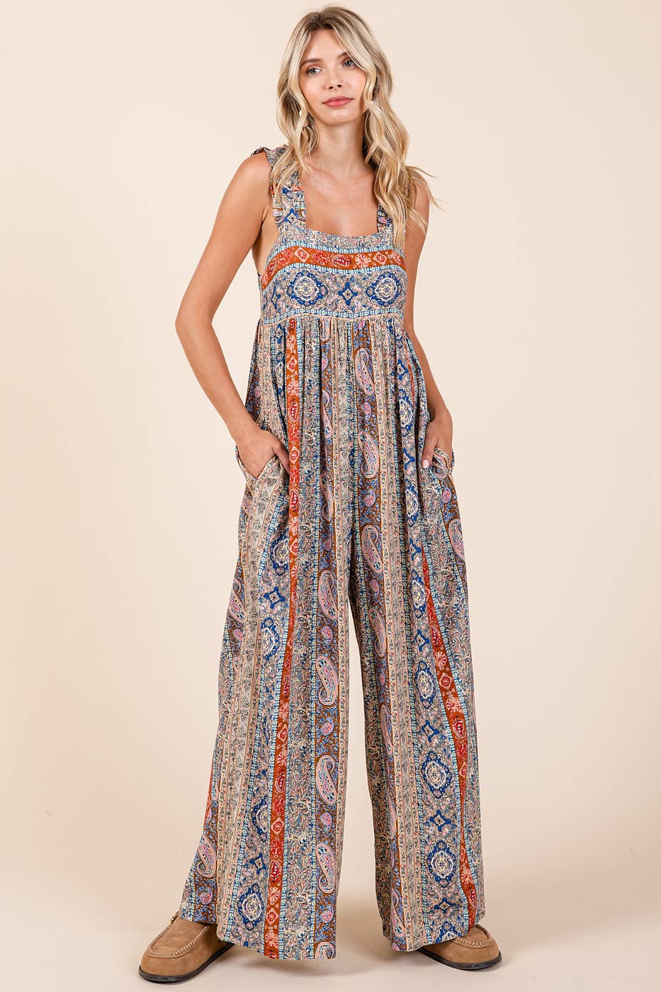 BOHO PRINT RUFFLE STRAP TIE BACK WIDE LEG JUMPSUIT / ROMPER / JUMPER