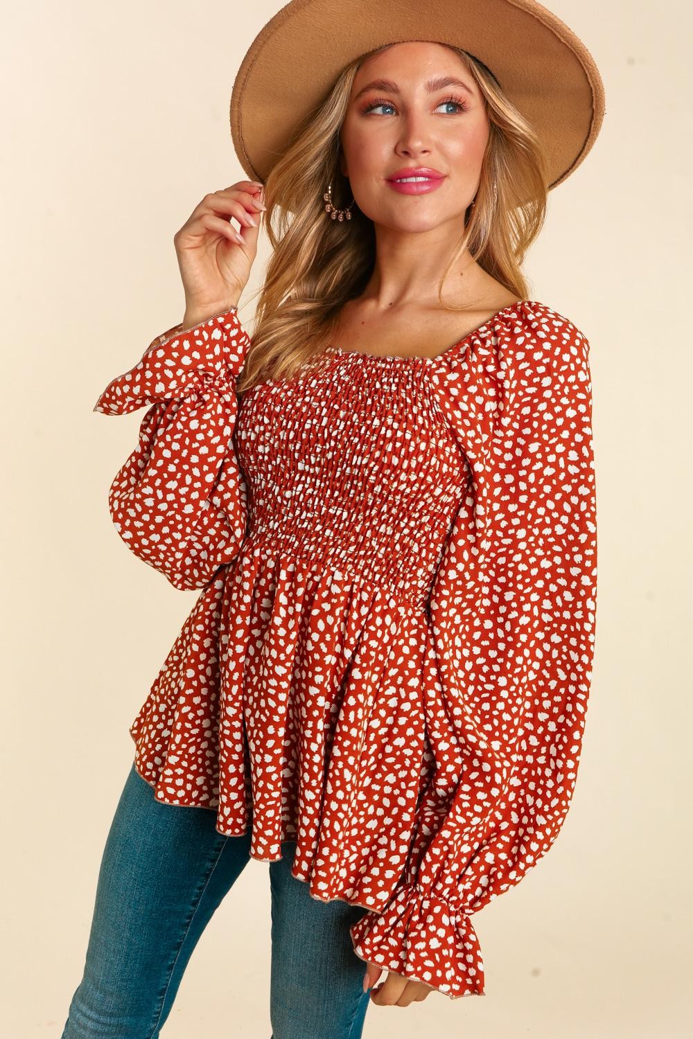 Rust Blossom Smocked Babydoll Blouse S-L * on sale