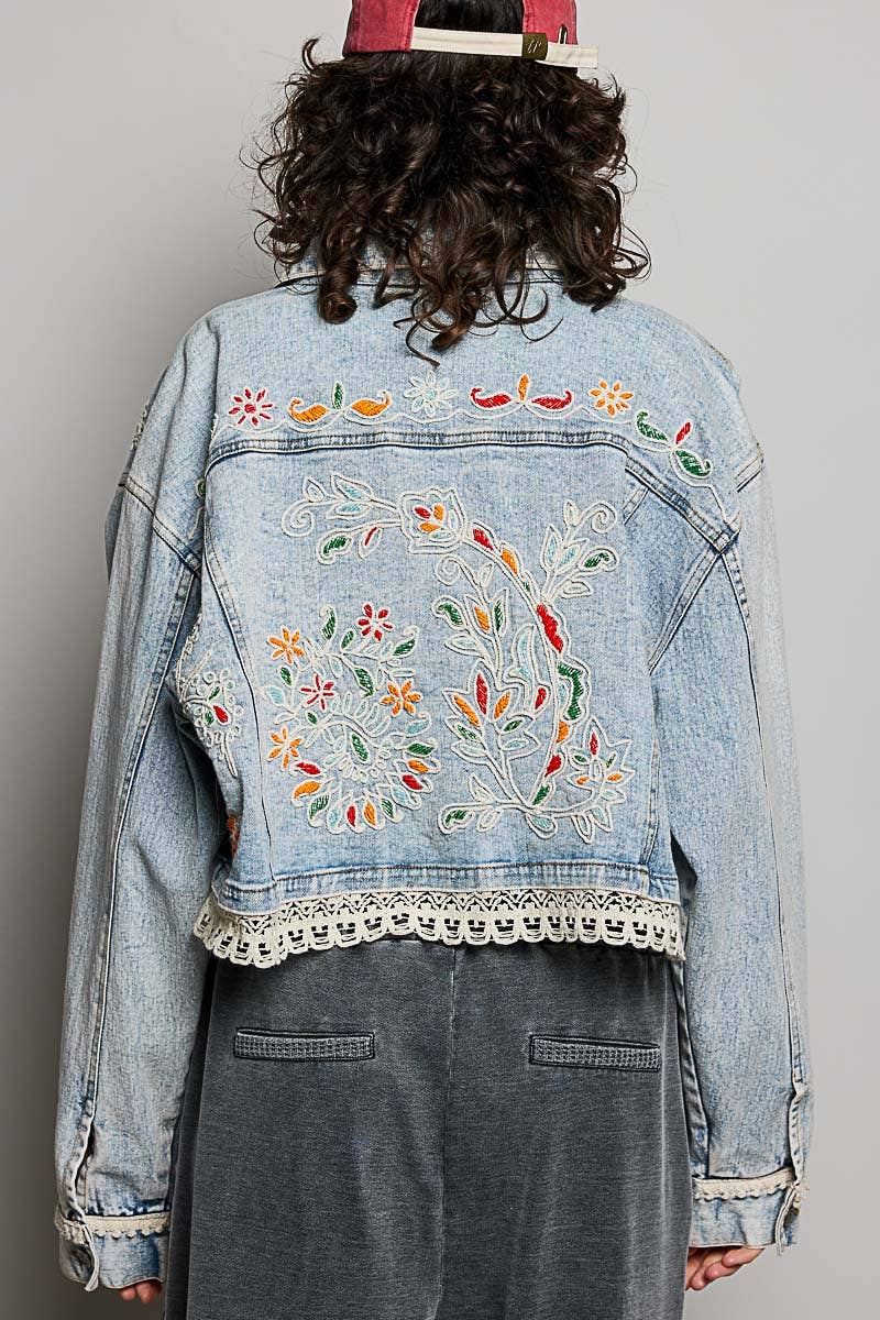 Floral Embroidery Lace Trim Denim Jacket: DENIM