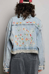Floral Embroidery Lace Trim Denim Jacket: DENIM