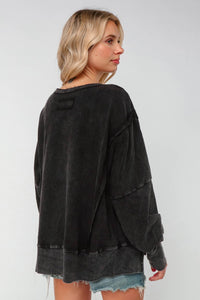 PLUS SUZE EMBROIDERED PEACE WASHED PULLOVER KNIT TOP: CHARCOAL