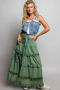 Boho Tie Waistband Patchwork Tiered Ruffle Maxi Skirt: OLIVE