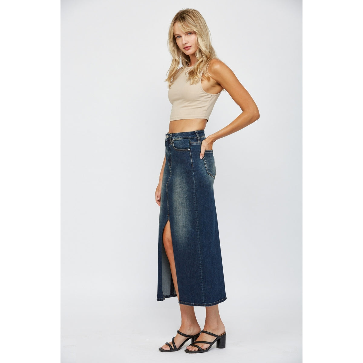 Dallas Cowgirl Denim Maxi Skirt with front slit