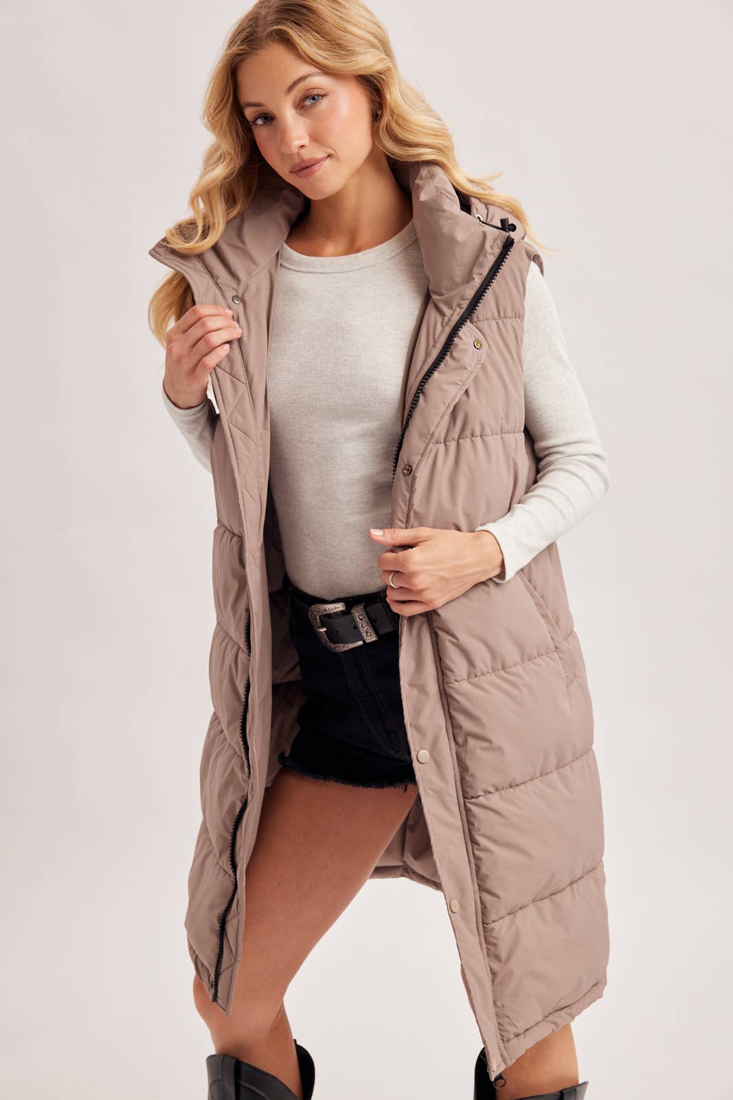 DETACHABLE HOOD ZIPPER LONGLINE QUILTED PUFFER VEST