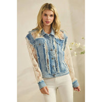 Denim Jacket with Floral Organza Inset: Med Wash