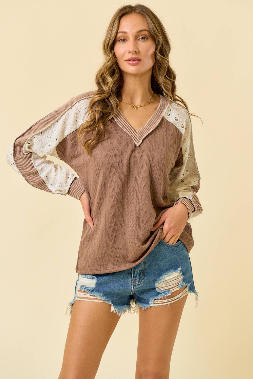 Grace in layers cable knit top: MUSHROOM