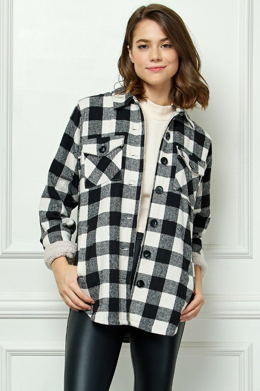 Buffalo Plaid Black and White flannel jacket with sherpa lining * on sale