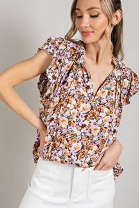 Rustic brown and lilac floral blouse XL - 2XL * on sale