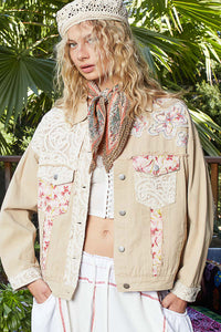 Khaki Lace Trim Denim Jacket