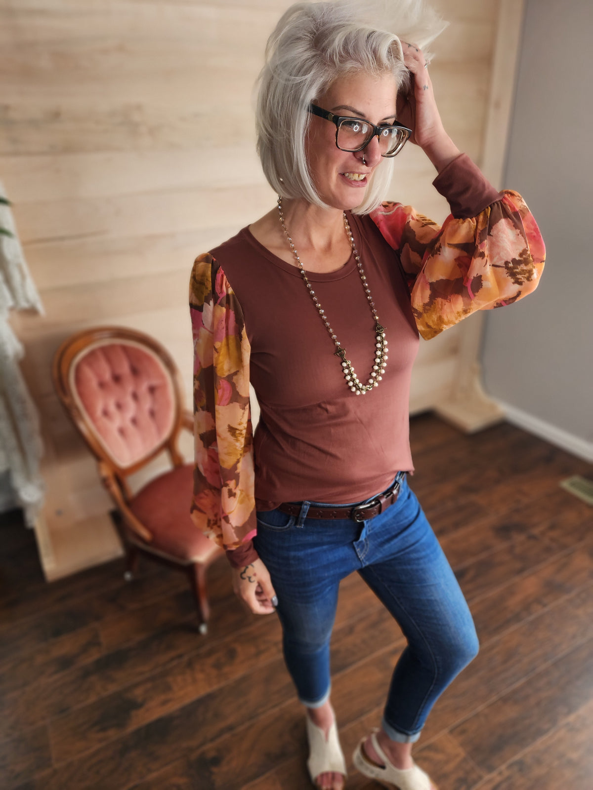 Redwood Raglan Sheer Floral Long Sleeve