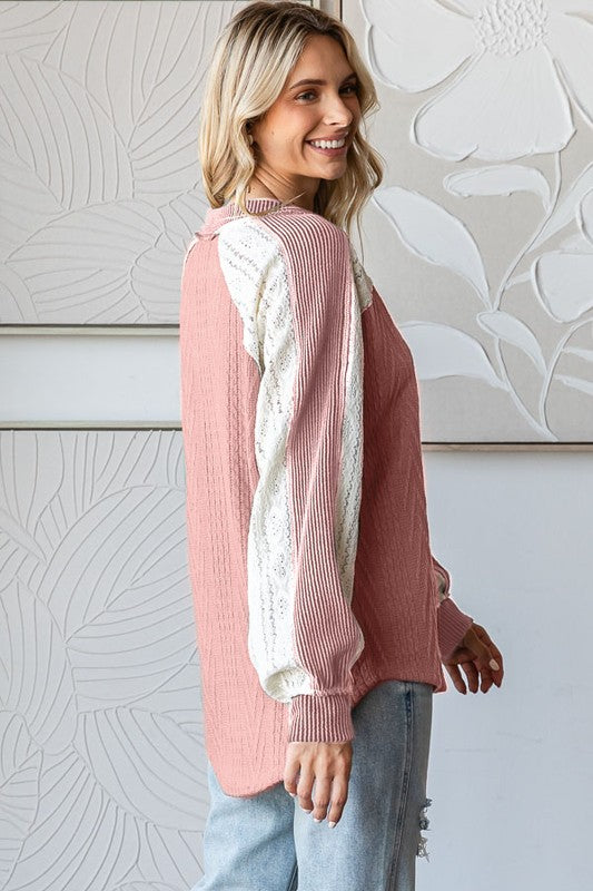 Mauve cable knit color block lace long sleeve *