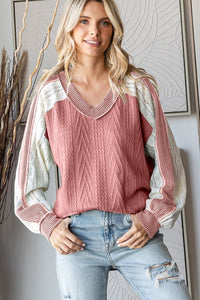 Mauve cable knit color block lace long sleeve