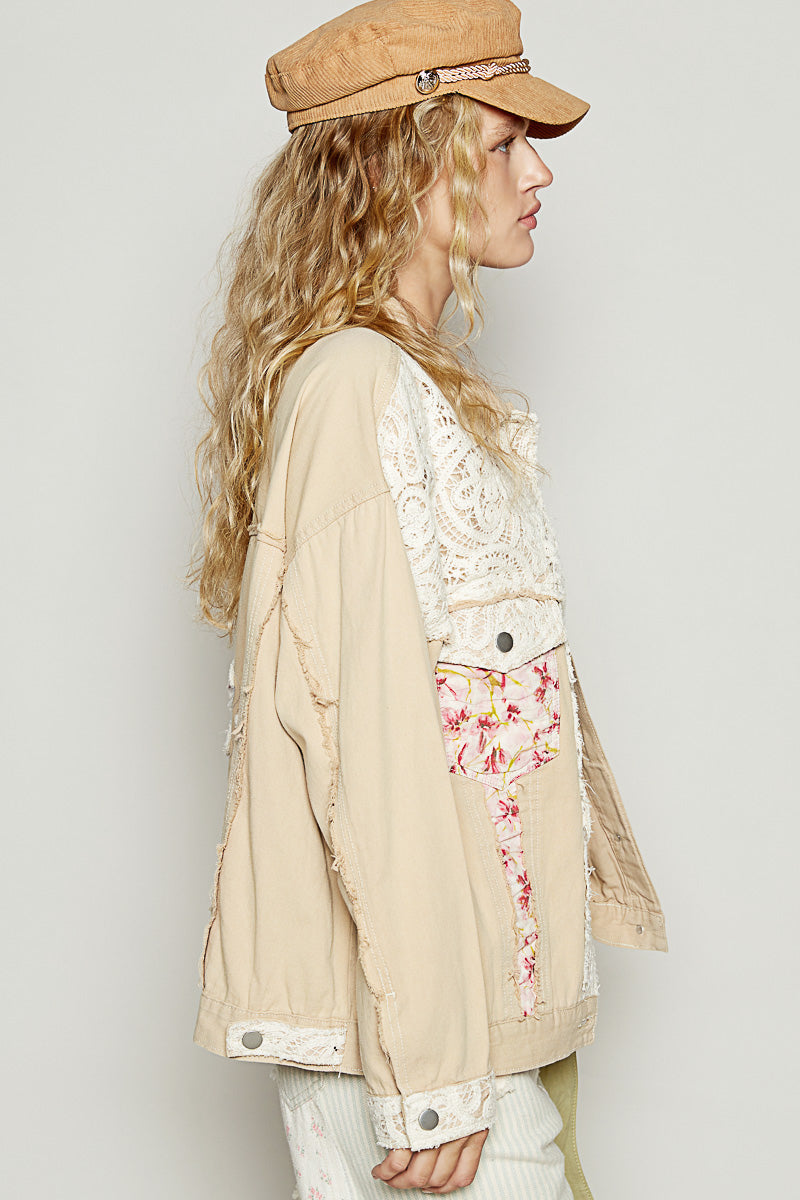 Khaki Lace Trim Denim Jacket