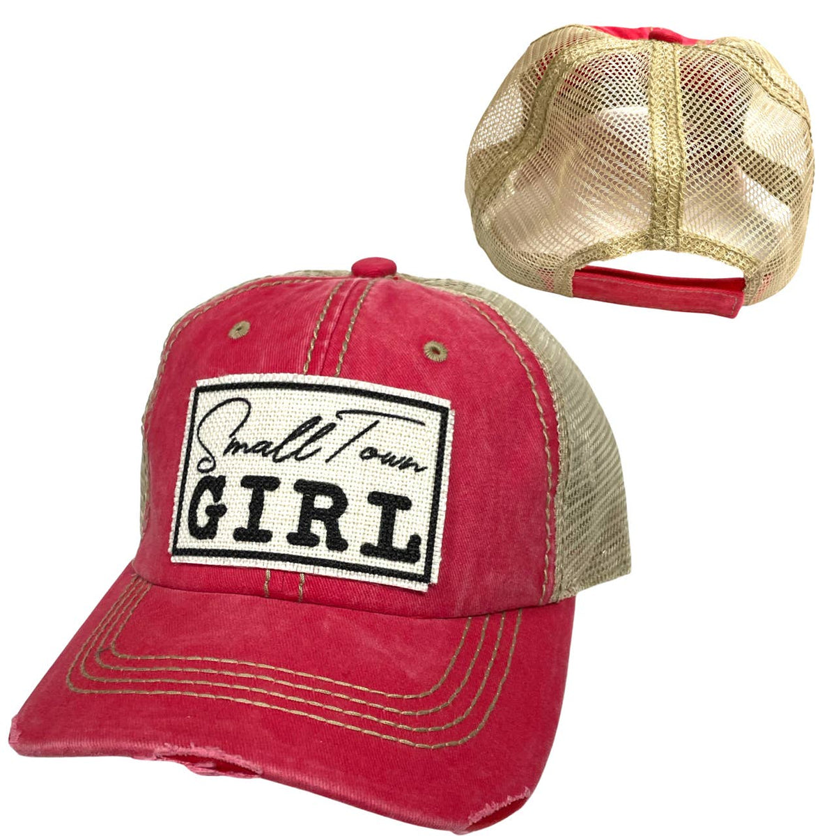 SMALL TOWN GIRL BALL CAP | WOMAN'S HAT | DISTRESSED: red with coffee Mesh