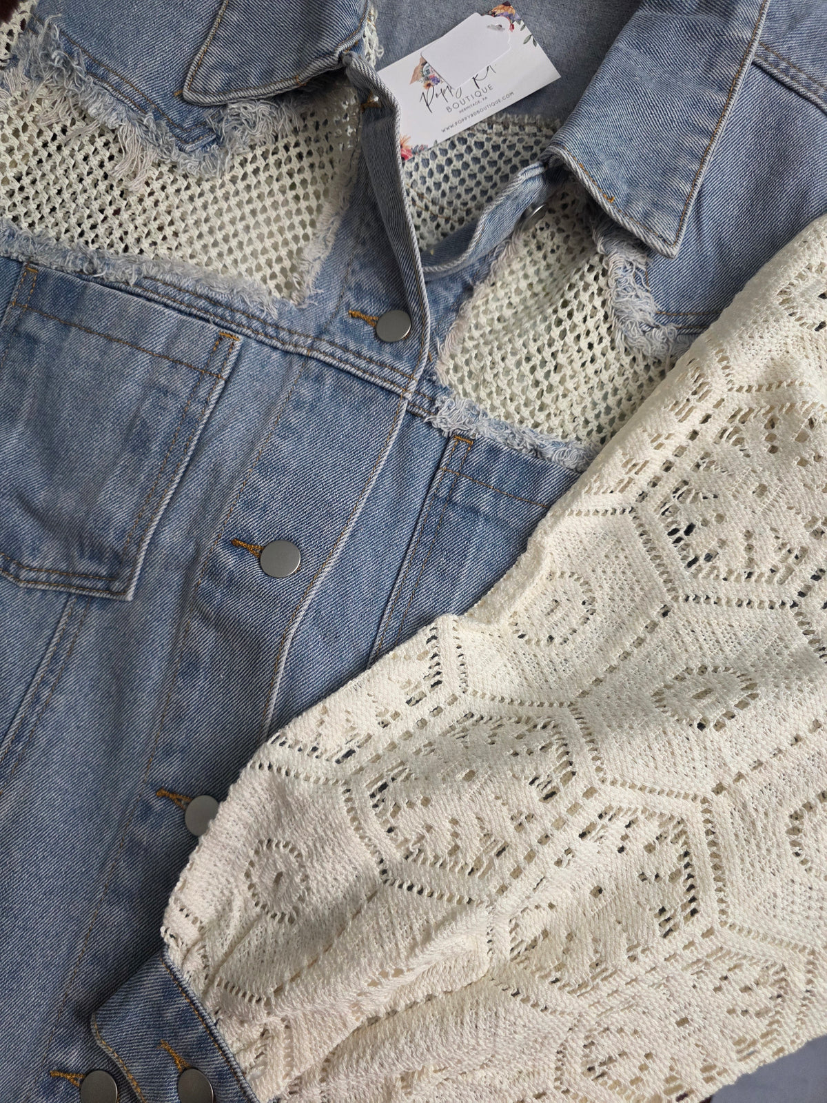 Lace Trim Denim Jacket: DENIM