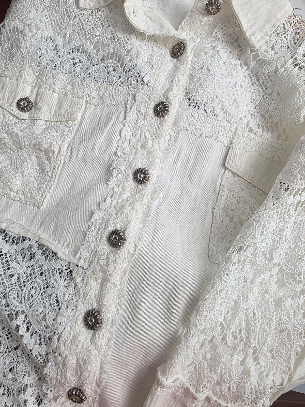 White Lace Trim Denim Jacket