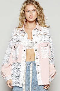 Blush Pink Lace Trim Denim Jacket