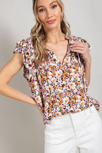 Rustic brown and lilac floral blouse XL - 2XL * on sale