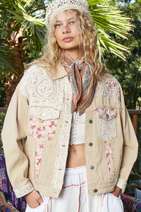 Khaki Lace Trim Denim Jacket