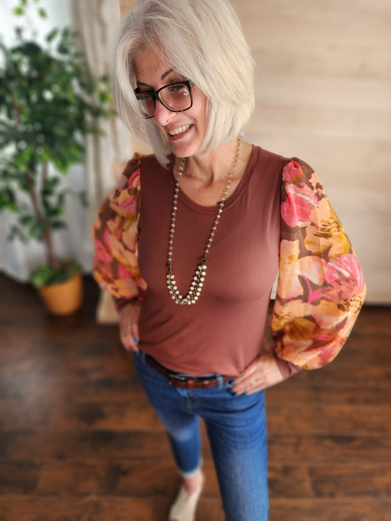 Redwood Raglan Sheer Floral Long Sleeve