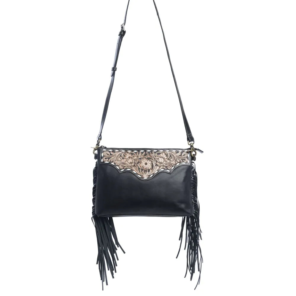 Sunflower Hand-tooled Leather Crossbody Bag with Fringe