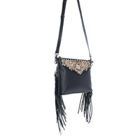 Sunflower Hand-tooled Leather Crossbody Bag with Fringe